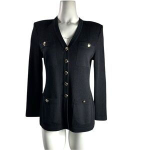 St John Basics Knit Black Ribbed Pocketed Long Sweater Jacket Size 2